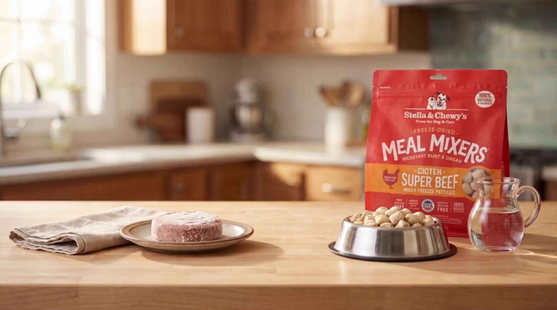 Frozen raw and freeze-dried raw dog food side by side on a kitchen counter